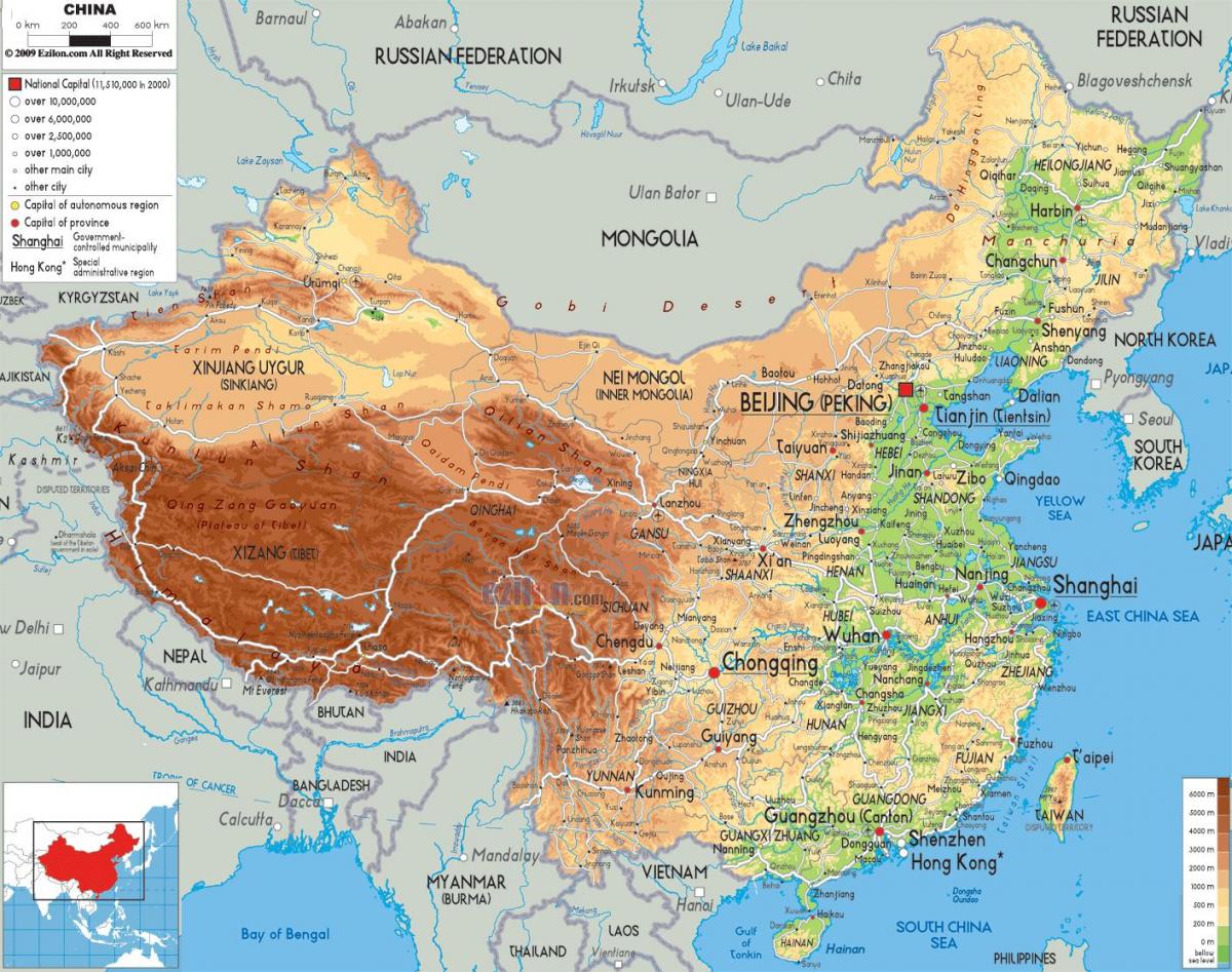 fizinis žemėlapis Kinija