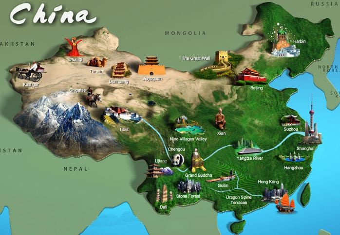 žemėlapis Kinijos turistų lankomas vietas