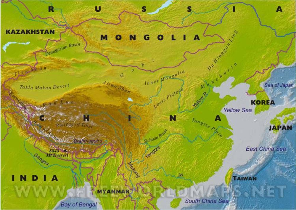 žemėlapis Kinija su geografinės savybės