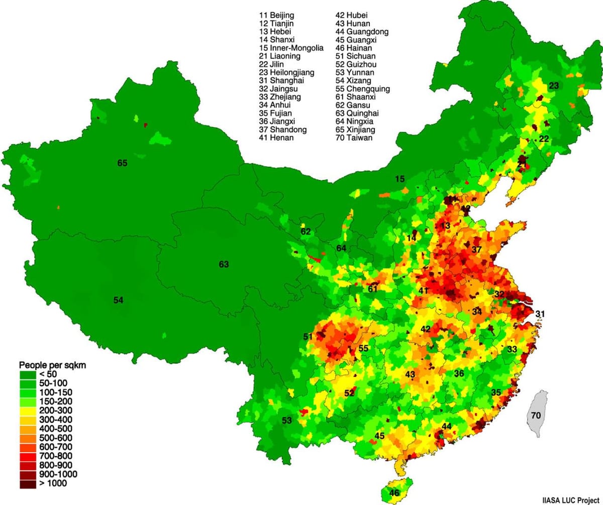gyventojų pasiskirstymas žemėlapis Kinija